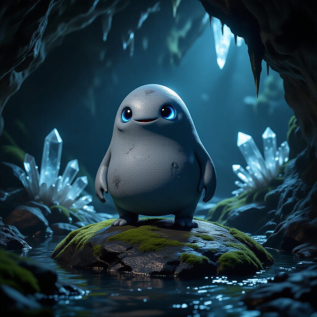 Pebble the Stone Slime Creature in a Crystal Cave