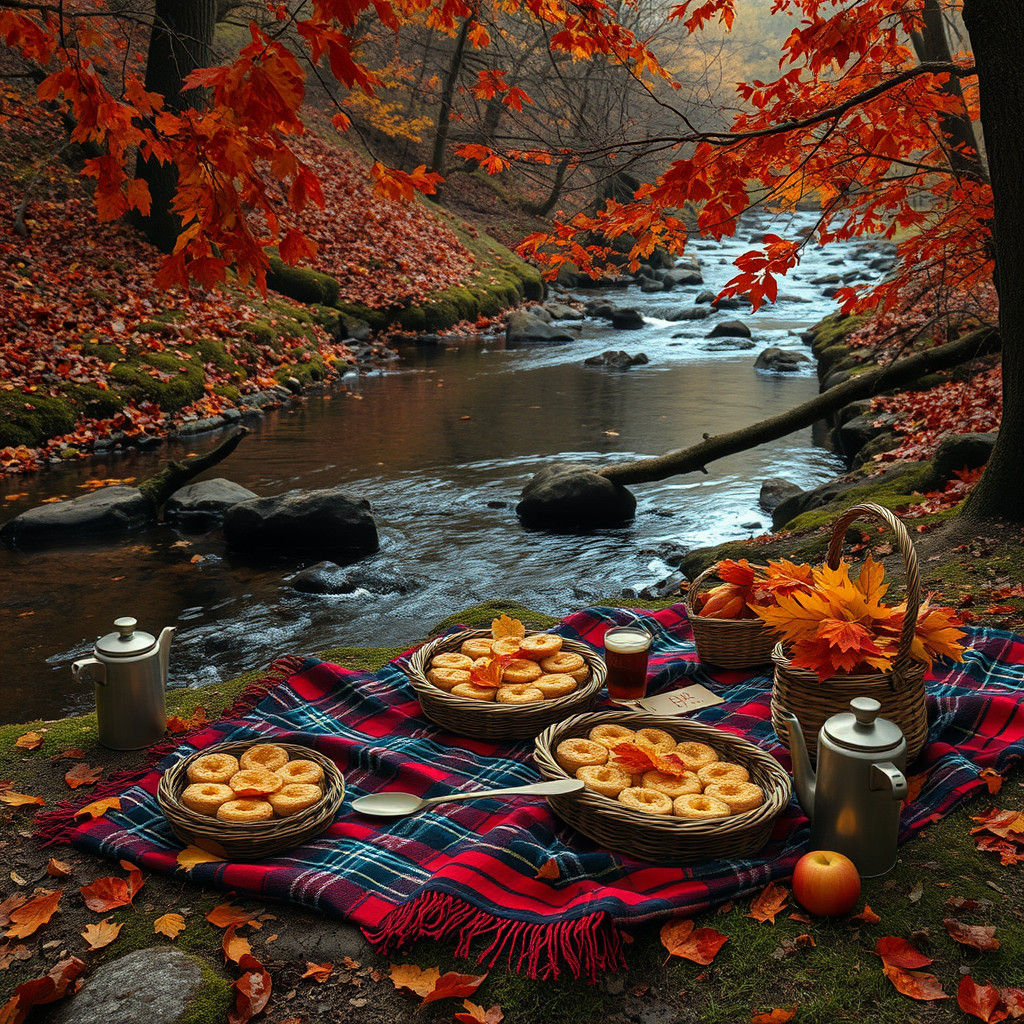 Autumn Brookside Picnic with Woodland Friends