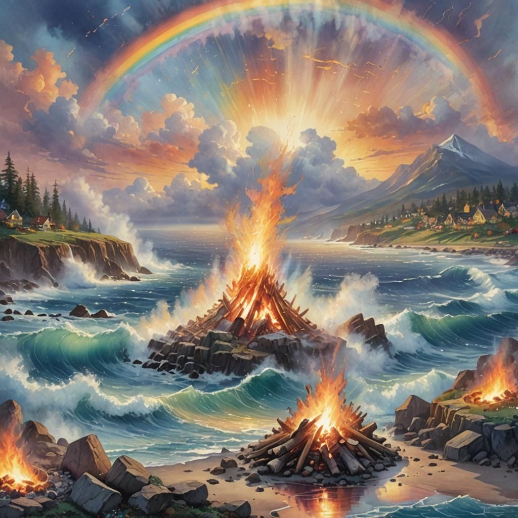 Watercolor Bonfire with Rainbow Halo Over Ocean