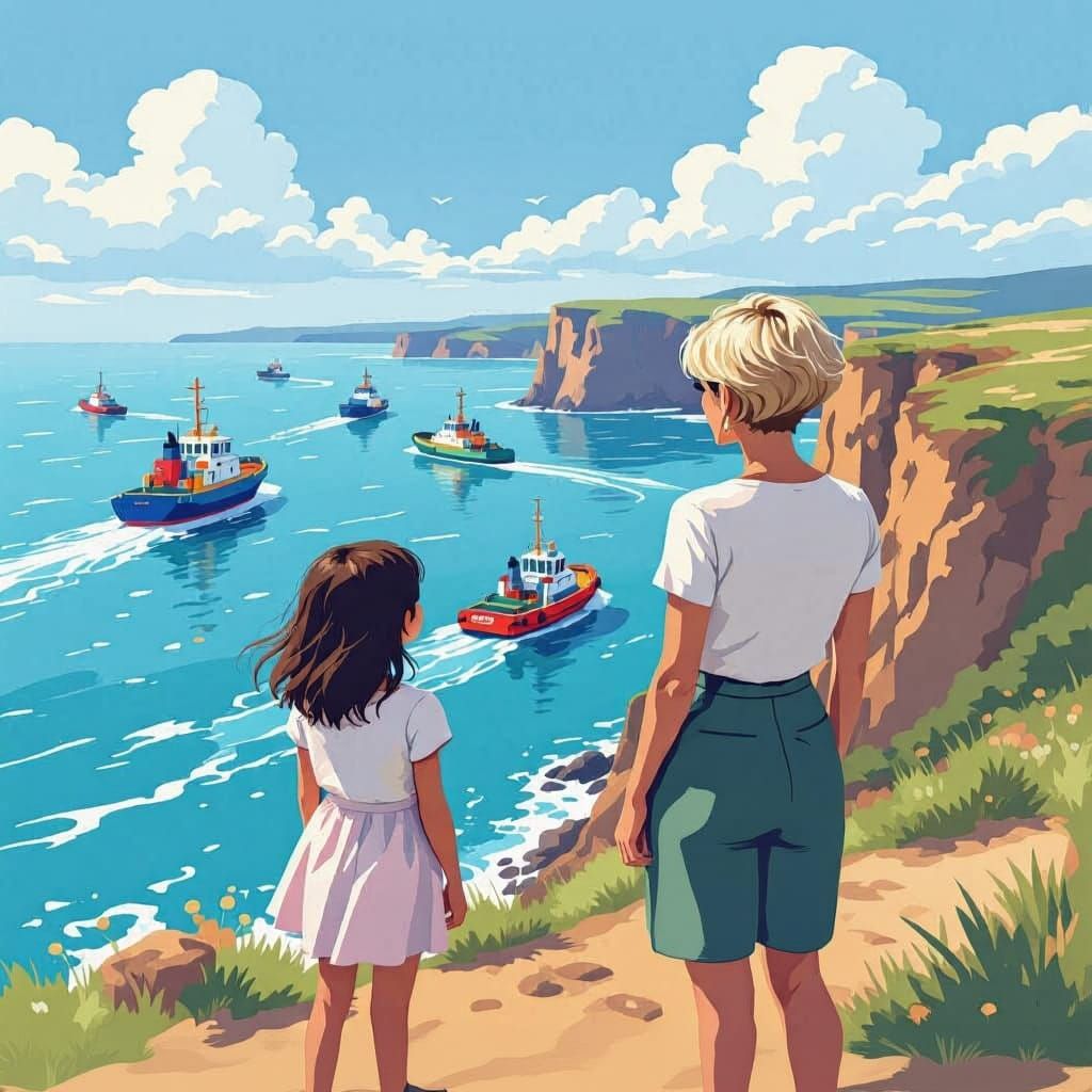 Mother and Daughter Watching Tugboats, Digital Illustration