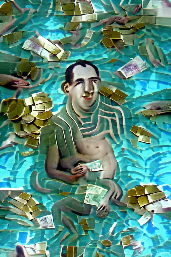 Man Swimming in a Pool of Money