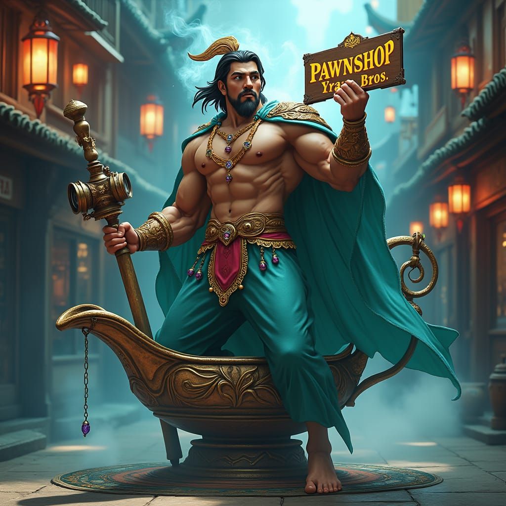 Handsome Genie Emerges Holding Camera and Sign