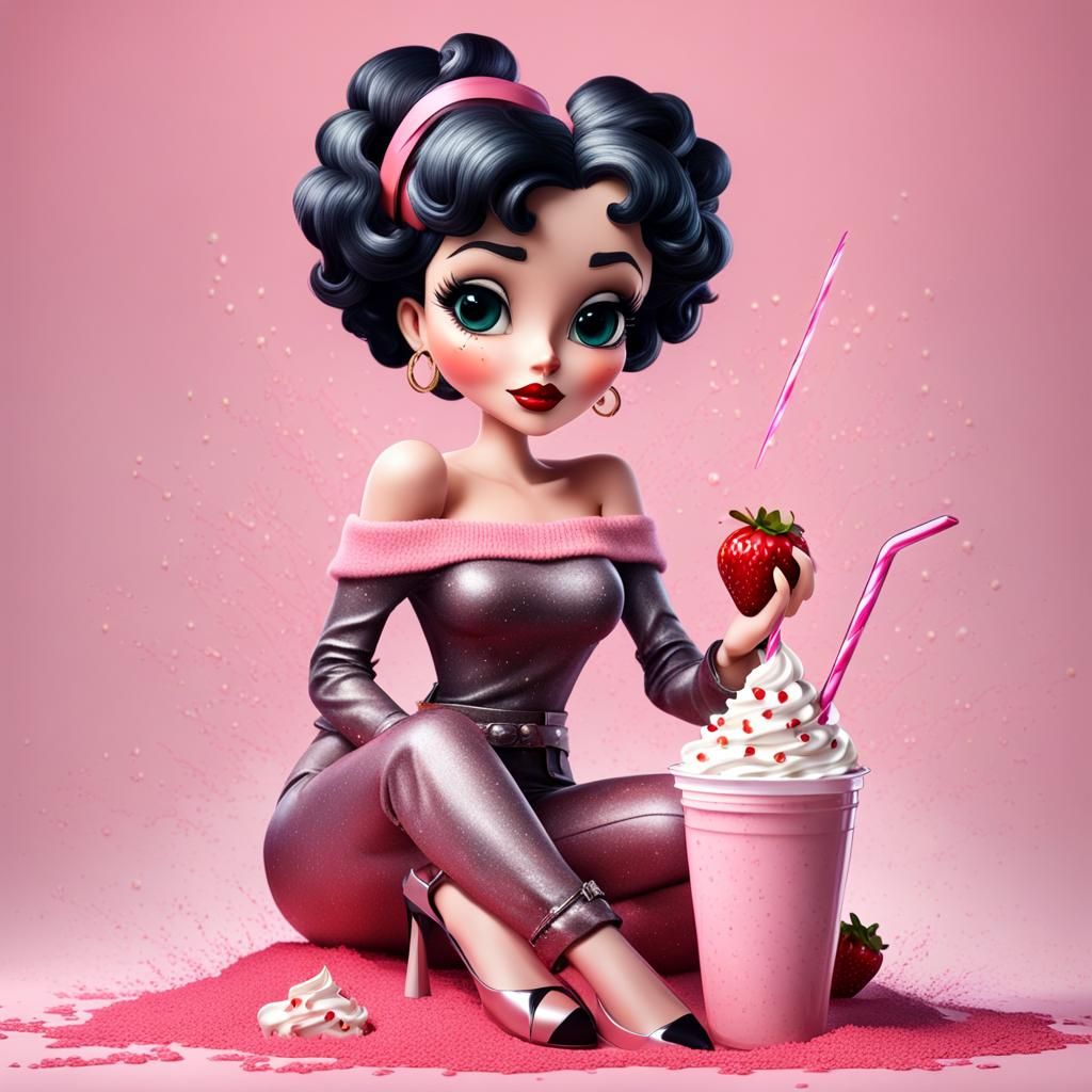 Betty Boop 3D Illustration with Strawberry Milkshake