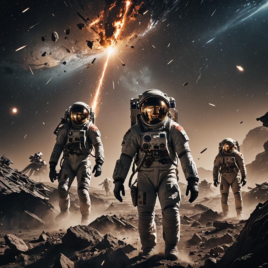 Astronauts Repairing Space Station During Meteor Shower