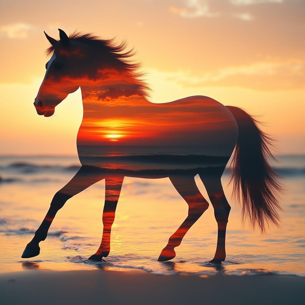 Wild Horse Silhouette Double Exposure on Beach at Sunset