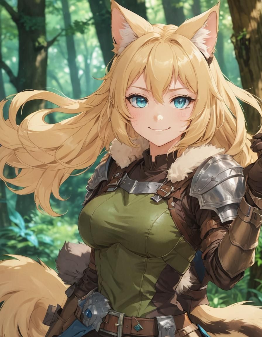 Anime Style Kemonomimi Character in Forest