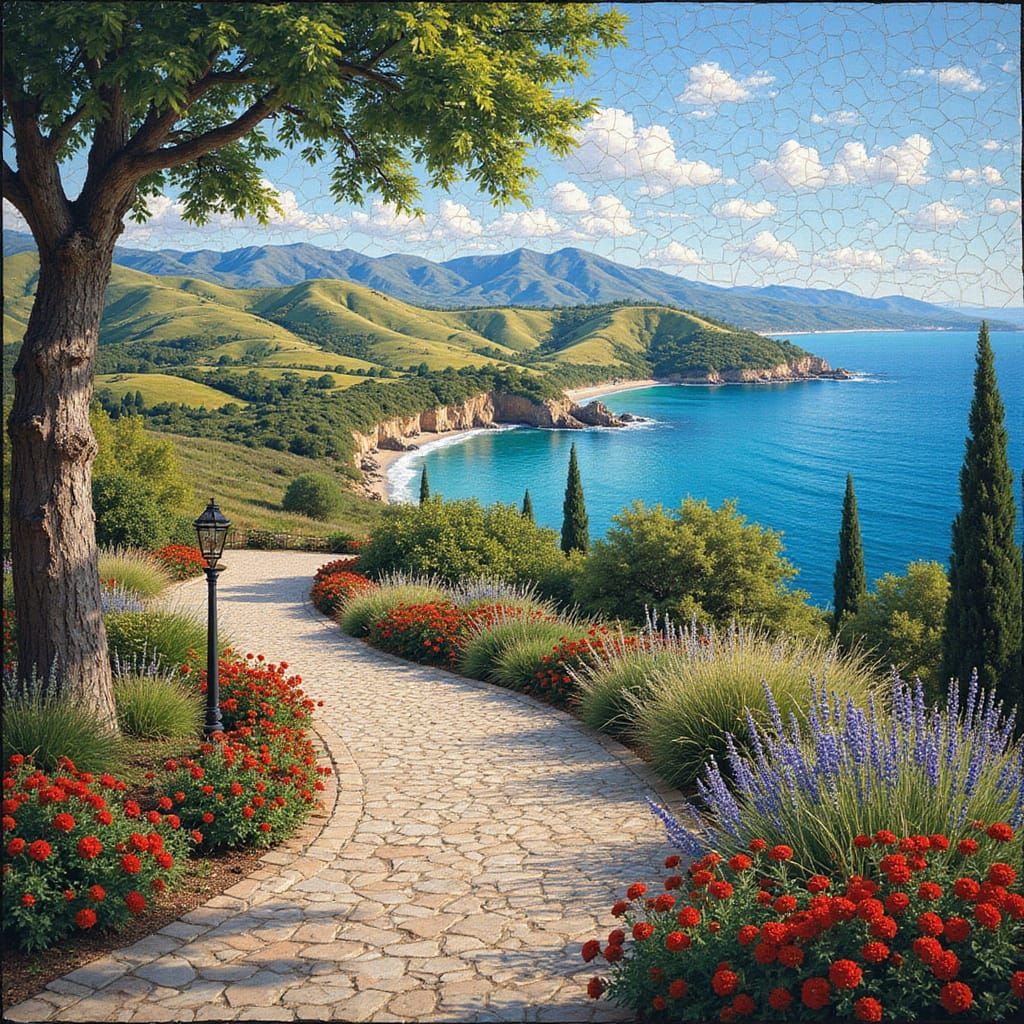 Elegant Mediterranean Scene with Stained Glass Mosaic