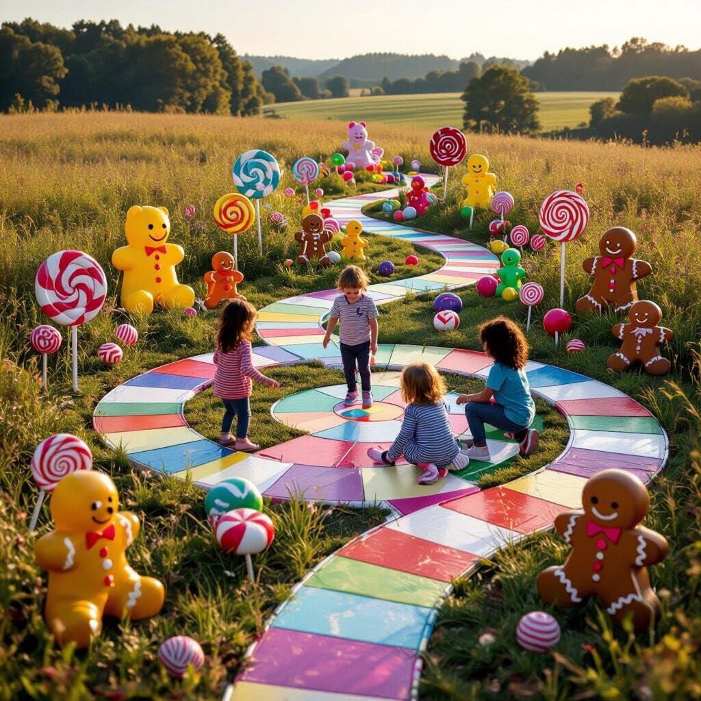 Children Play on Giant Candyland Board in Whimsical Field