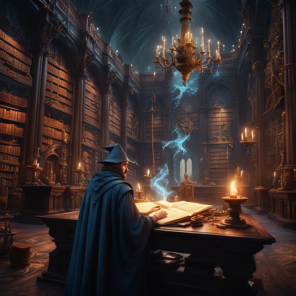 Young Wizard Conjuring in Detailed Fantasy Laboratory