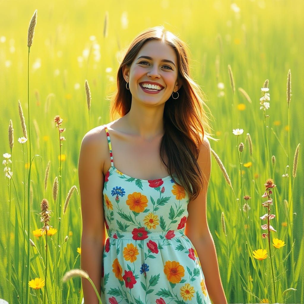 Joyful Woman in Meadow: Impressionist Floral Scene