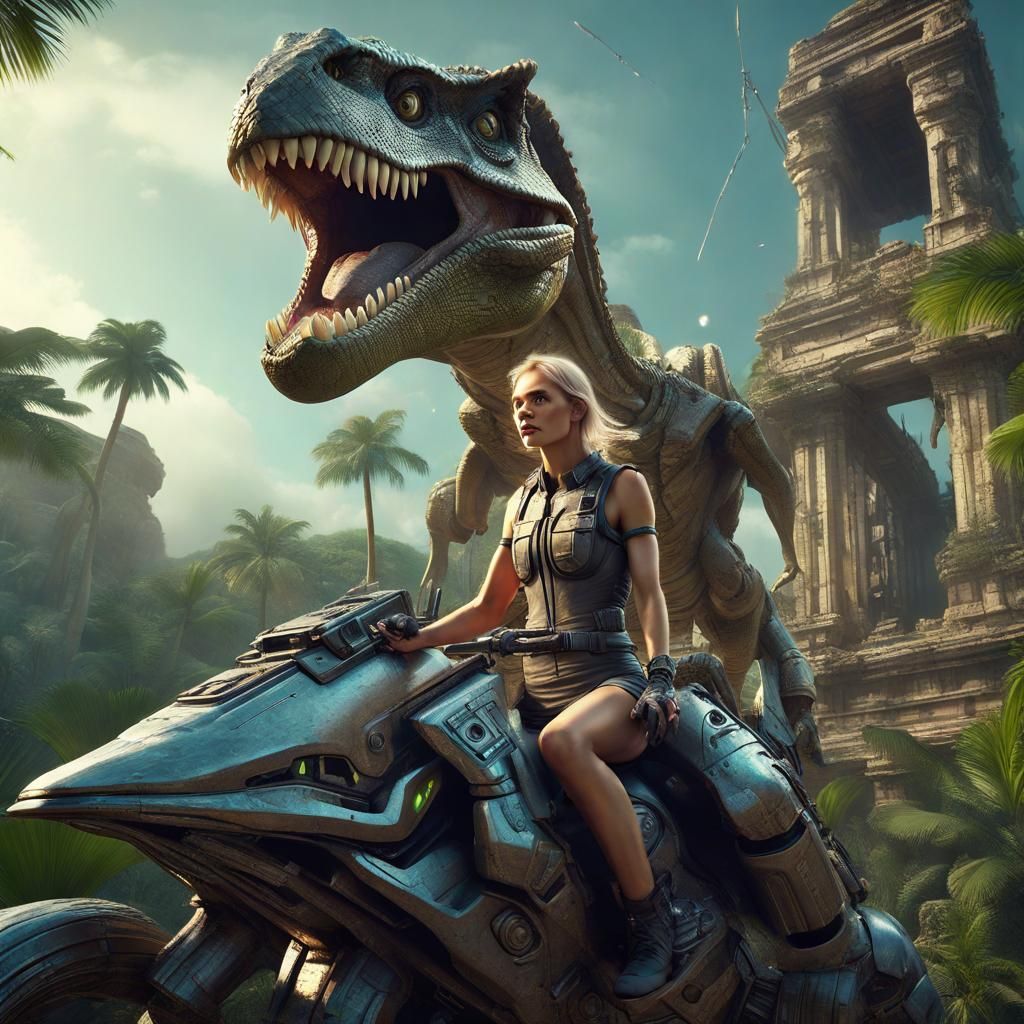 Fantasy Archeologist Rides Mechanical Dinosaur in Jungle Rui...