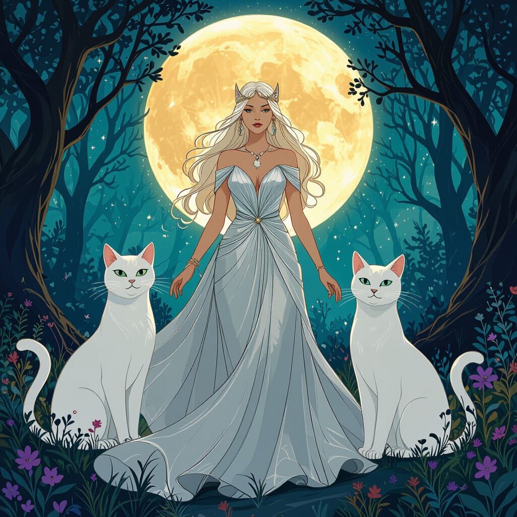 Goddess Freya with Cats in Mystical Forest