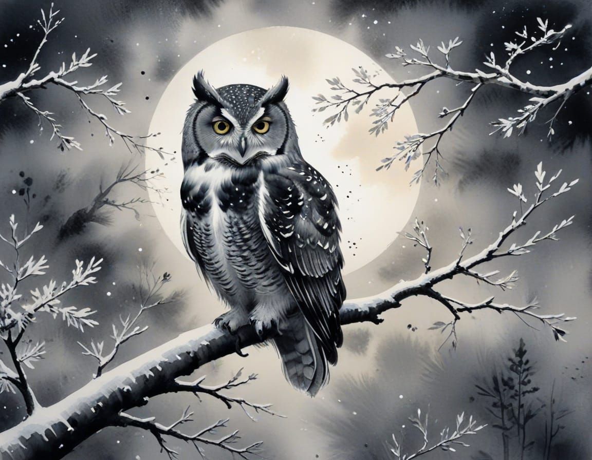 Monochrome Owl on Branch in Japanese Ink Style