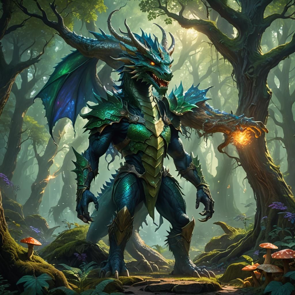 Dragon Man in Mystical Forest: Fantasy Concept Art