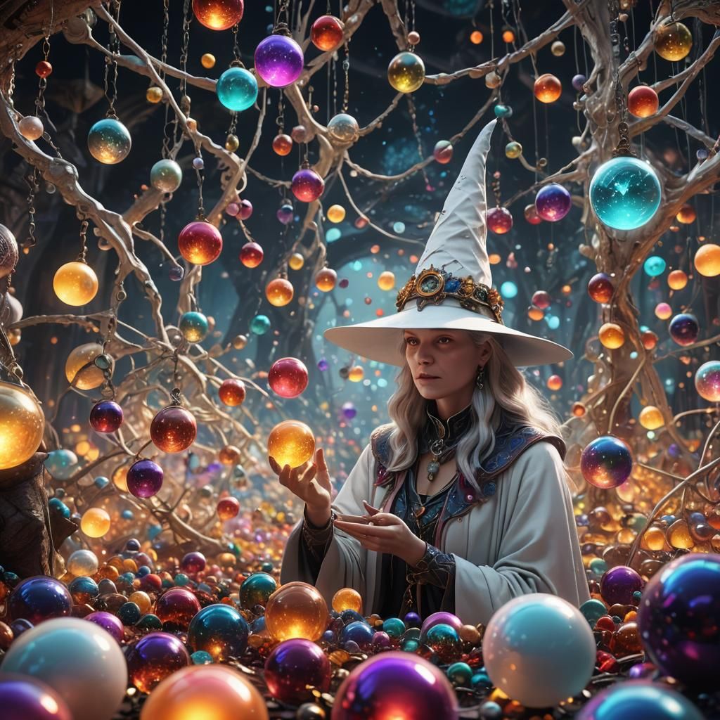 Woman Alchemist Surrounded by Glowing Orbs