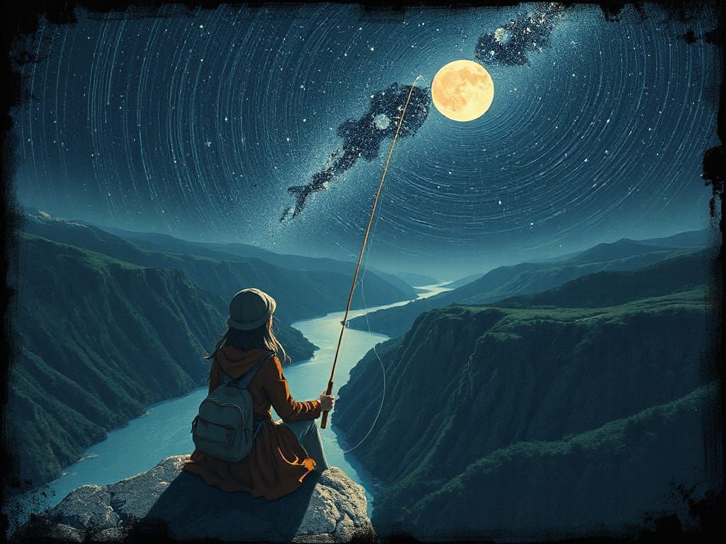 Anime-Inspired Girl Fishes for Stars in a Dreamlike Landscap...