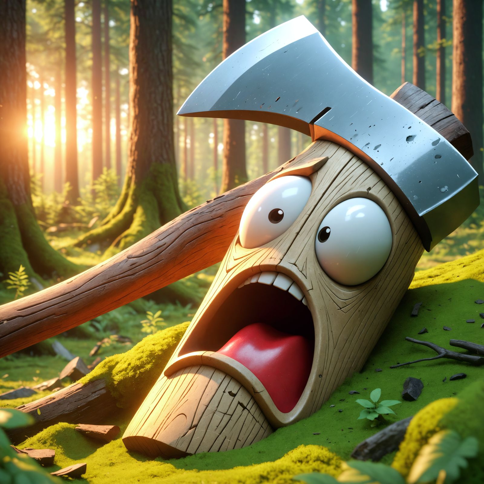 Cartoon Axe Screaming in Forest Scene