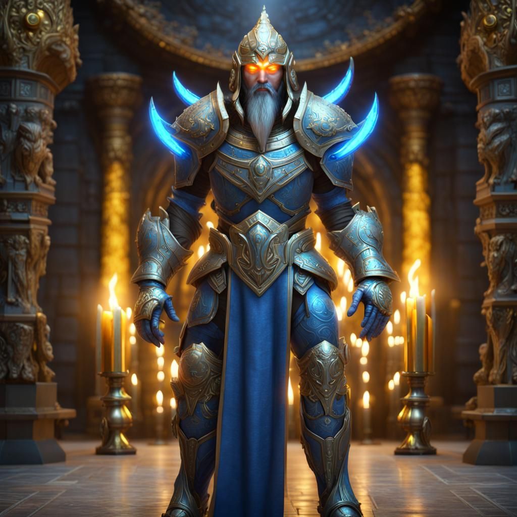 Blue Alien Paladin in Gold Armor: Fantasy Art