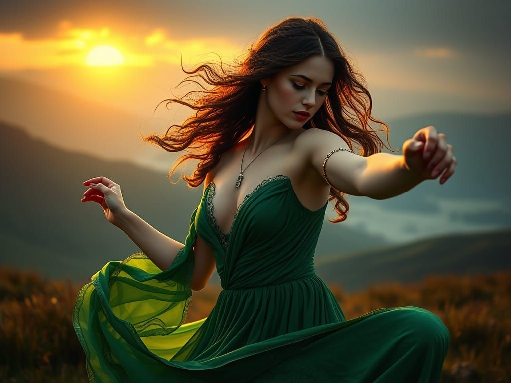 Pre-Raphaelite Woman Dancing in Irish Landscape at Dawn