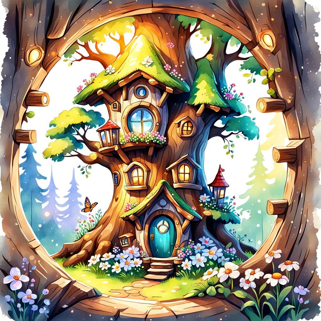 Cozy Fairy-Tale House in Tree Trunk, Digital Watercolor