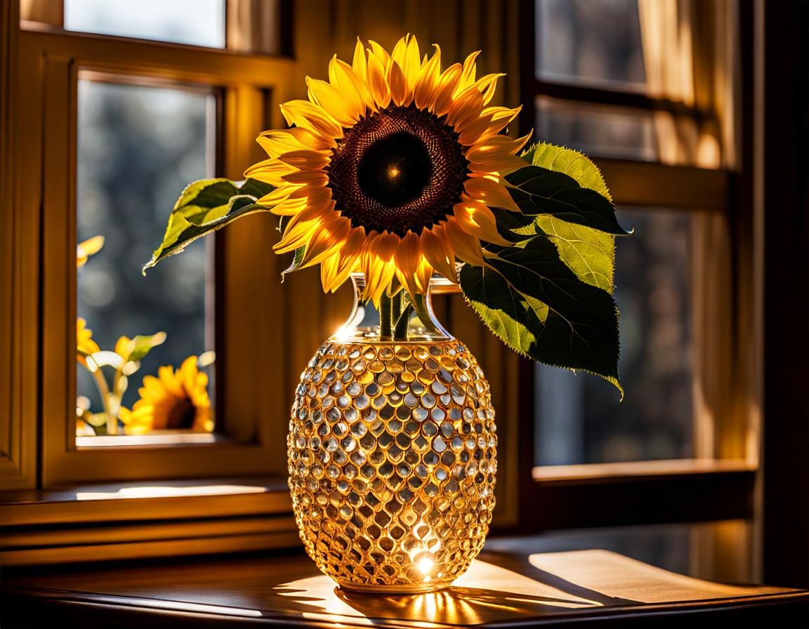 Glowing Sunflower in Gold Vase: Golden Hour Photograph