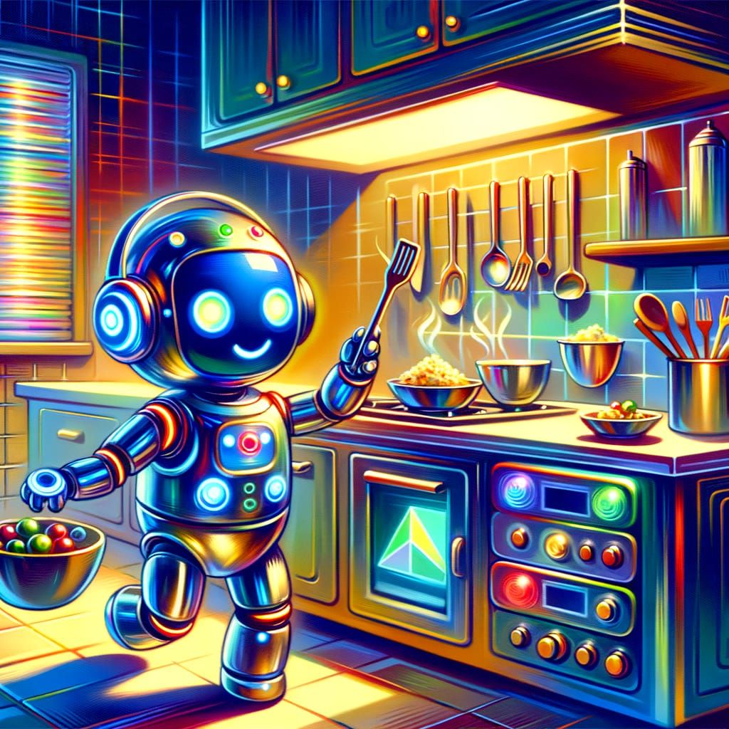 Whimsical Robot Child Prepares Gourmet Meal in Futuristic Ar...