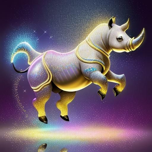 Glittering Rhino Leaps Through Rainbows: A Joyful Scene