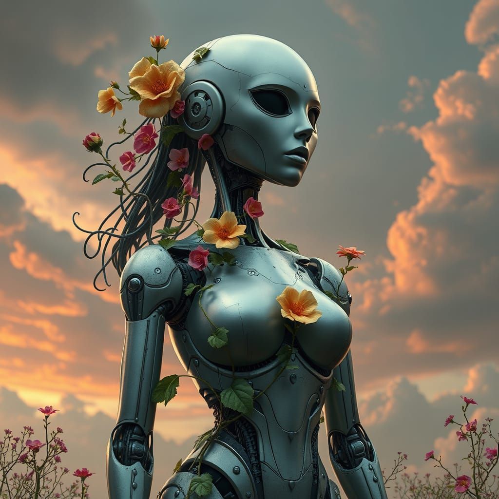 Robotic Woman Embraces Nature Under Pulsing Sky