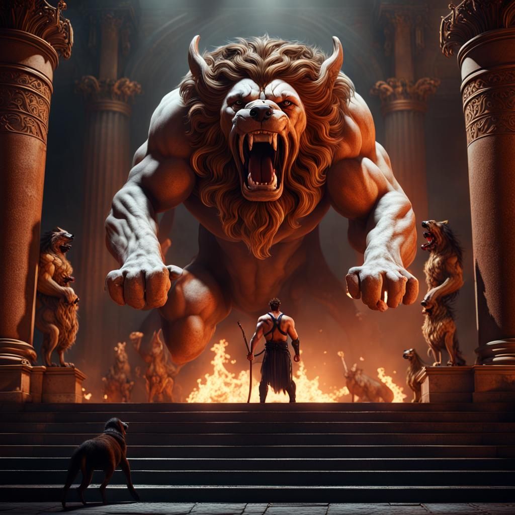 A super realistic representation of  Hercules facing Cerberu...