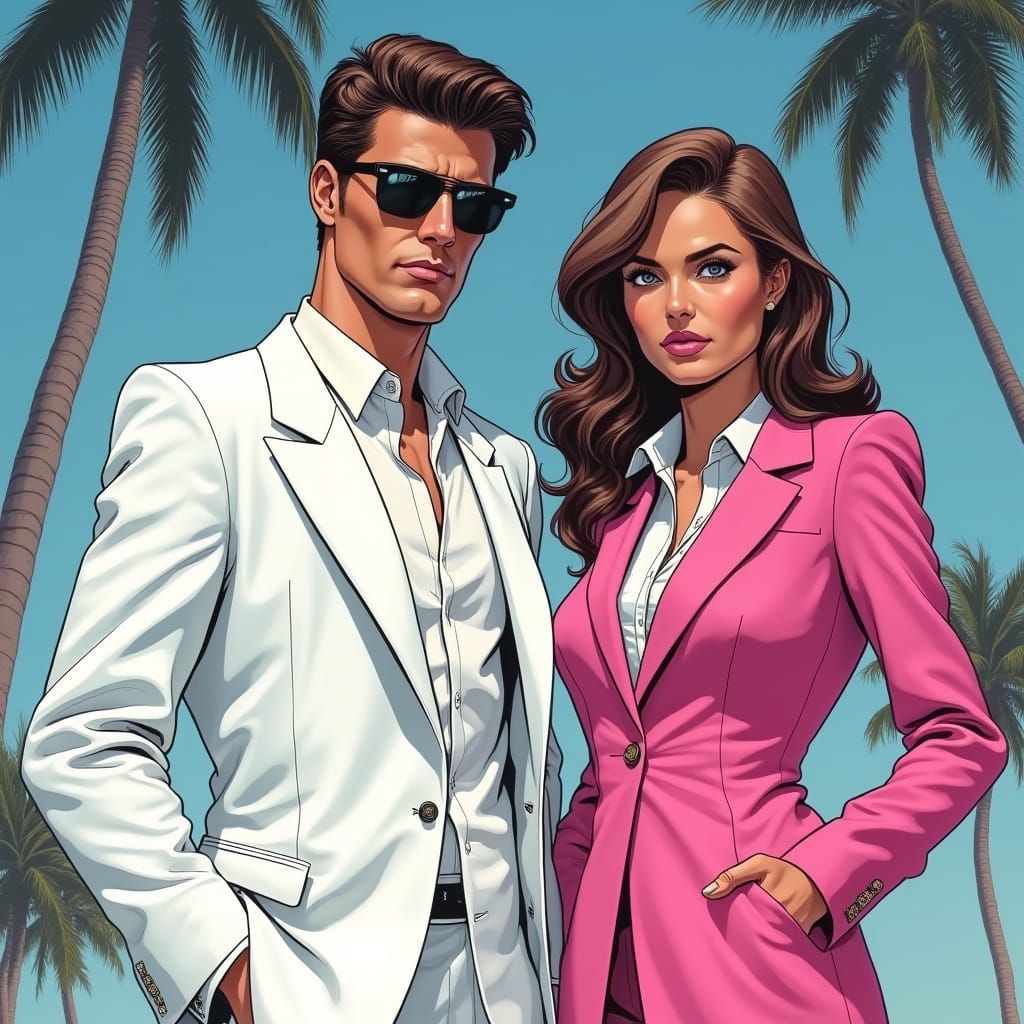 Detectives in 80s Miami Vice Comic Book Style