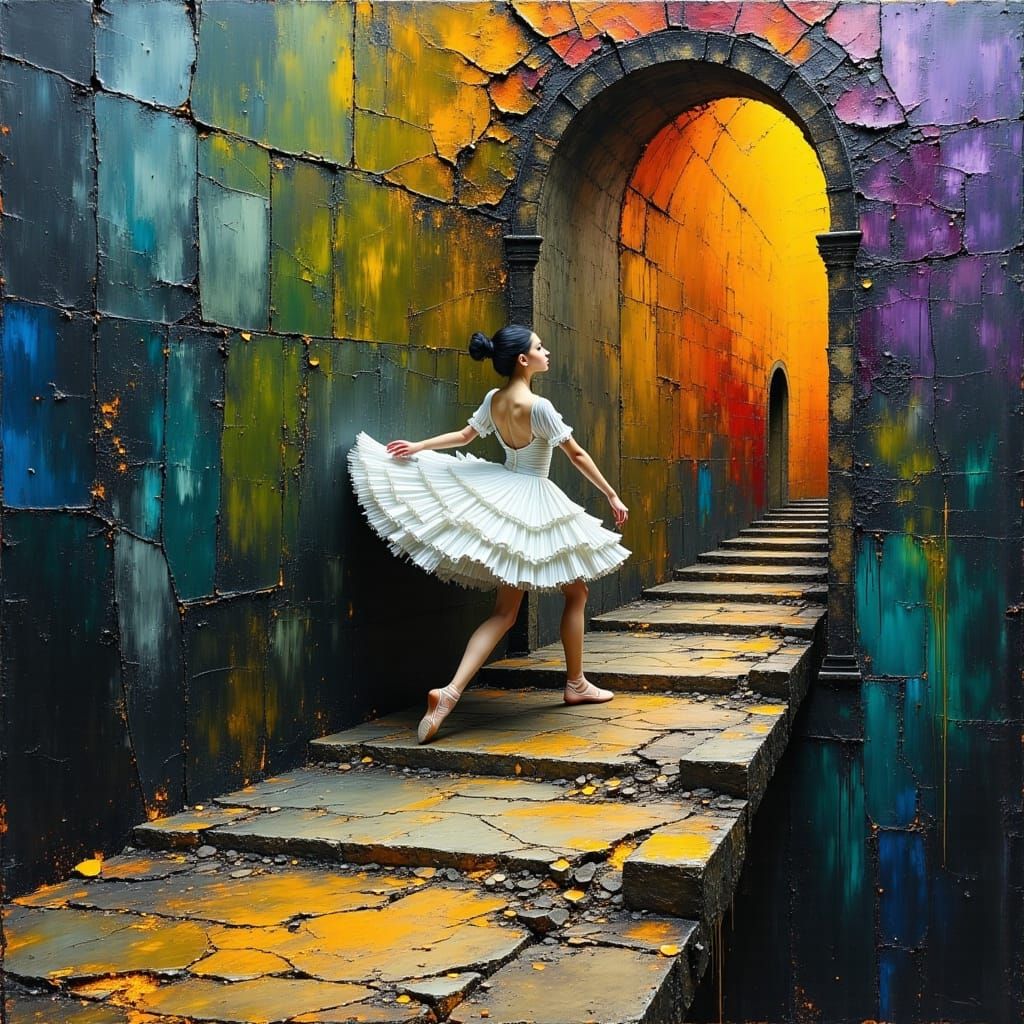 Ballerina Dances Over Chasm to Portal in Surreal Impasto Sty...