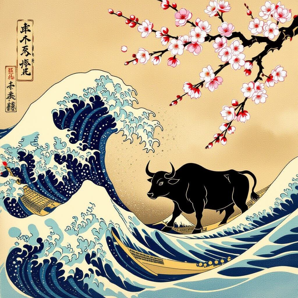 Taurus Bull Silhouette with Golden Waves and Cherry Blossoms...
