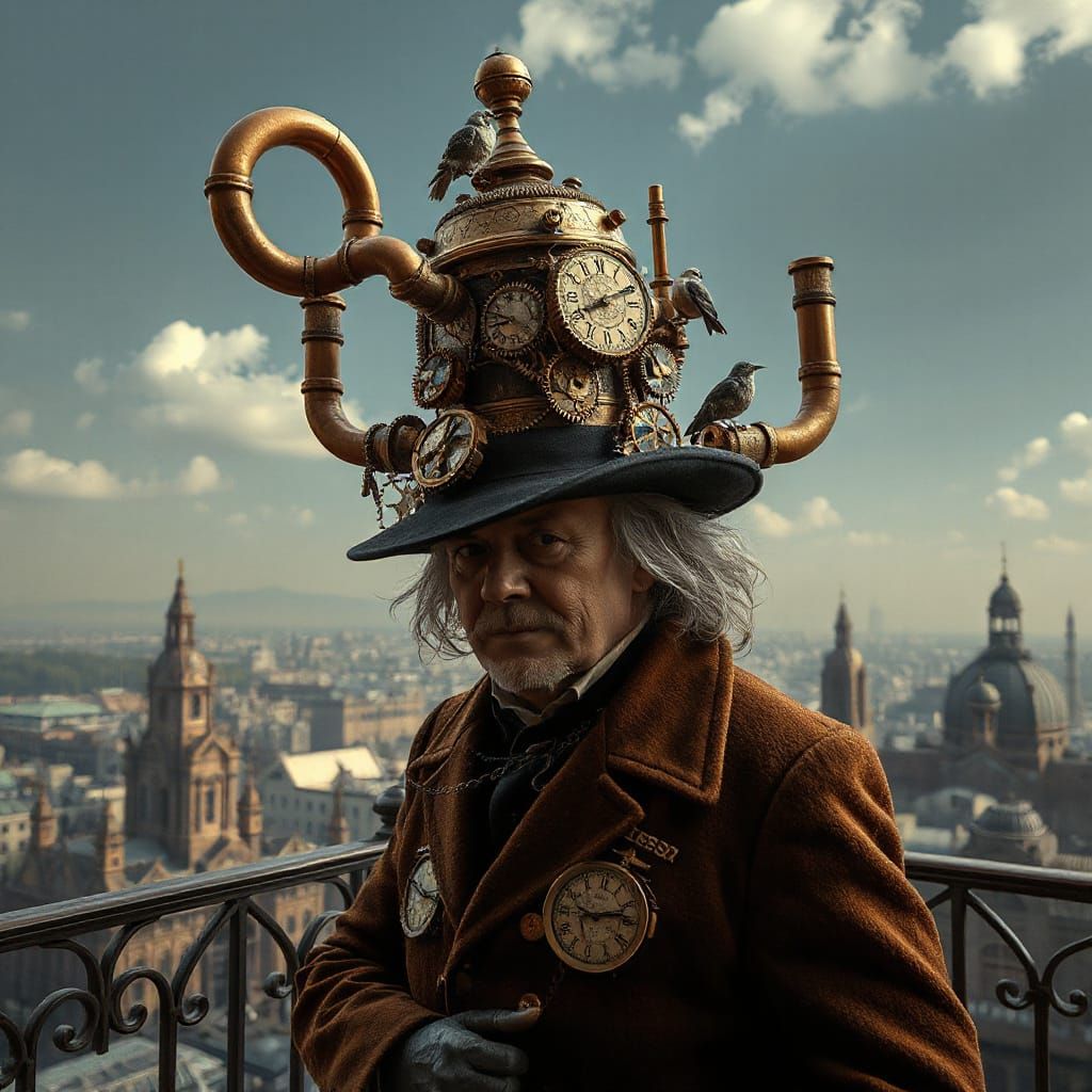 Steampunk Inventor's Grand Hat Over Victorian City