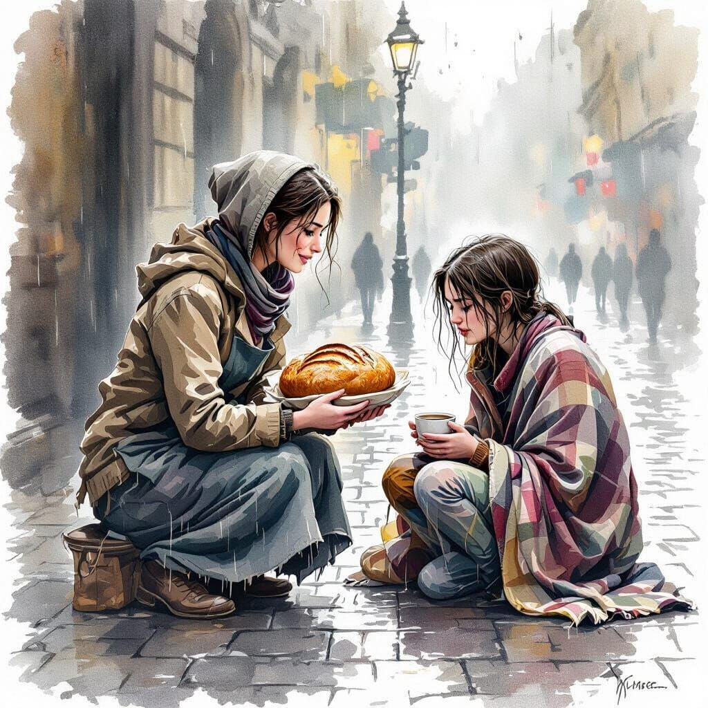 Kind Baker Helps Shivering Woman in Wet Watercolour Style