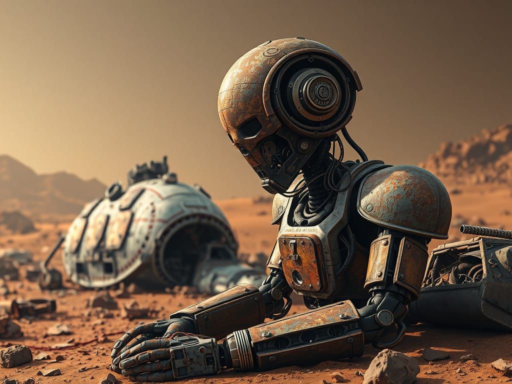 Rusted Robot at Crashed Spaceship on Mars