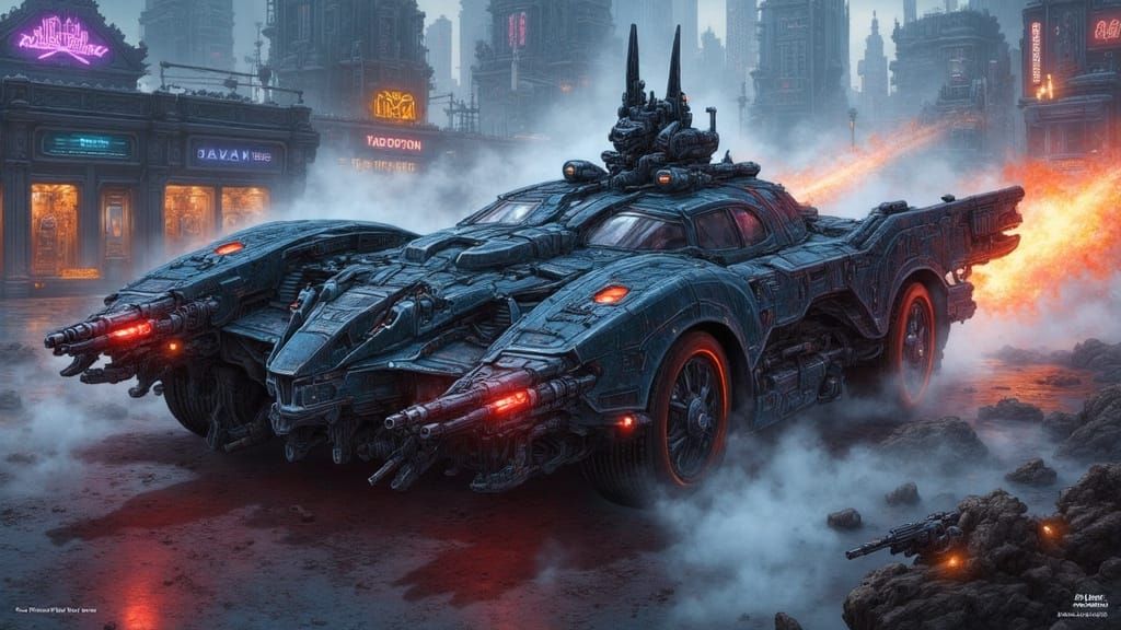 Futuristic Batmobile in Cyberpunk Cityscape