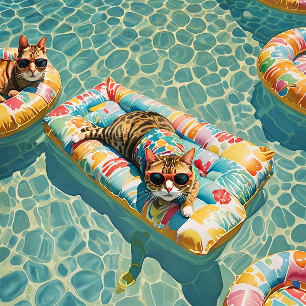 Cat Lounging in Pool: a Watercolor Painting