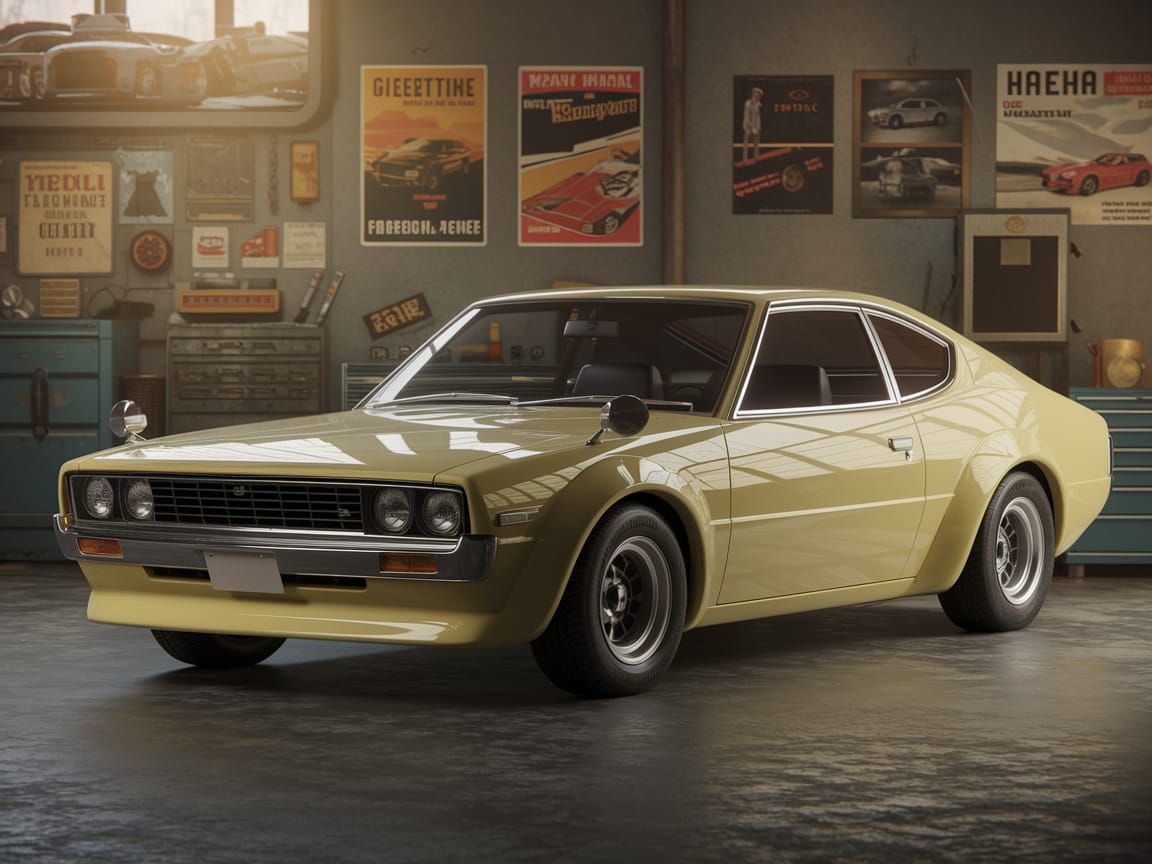 Vintage 70s Japanese Sports Coupe in Retro Garage