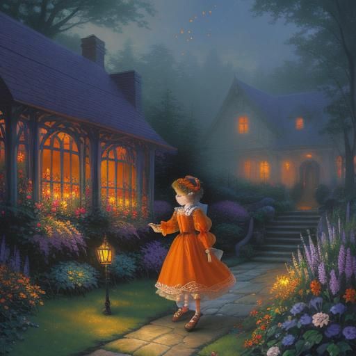 Ethereal Firefly Fantasy with Girl in Orange Dress