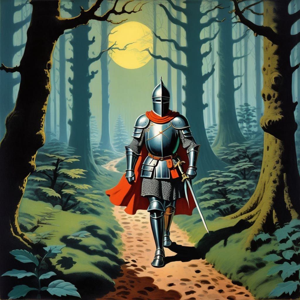 Knight Embarks on Midnight Quest Through Dark Forest