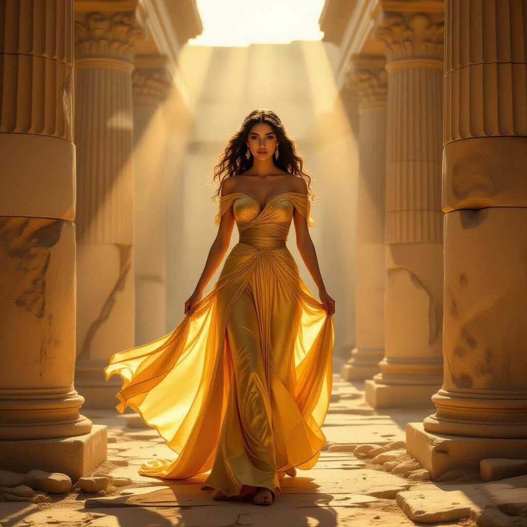 Goddess in Golden Gown Walks Through Ancient Monument