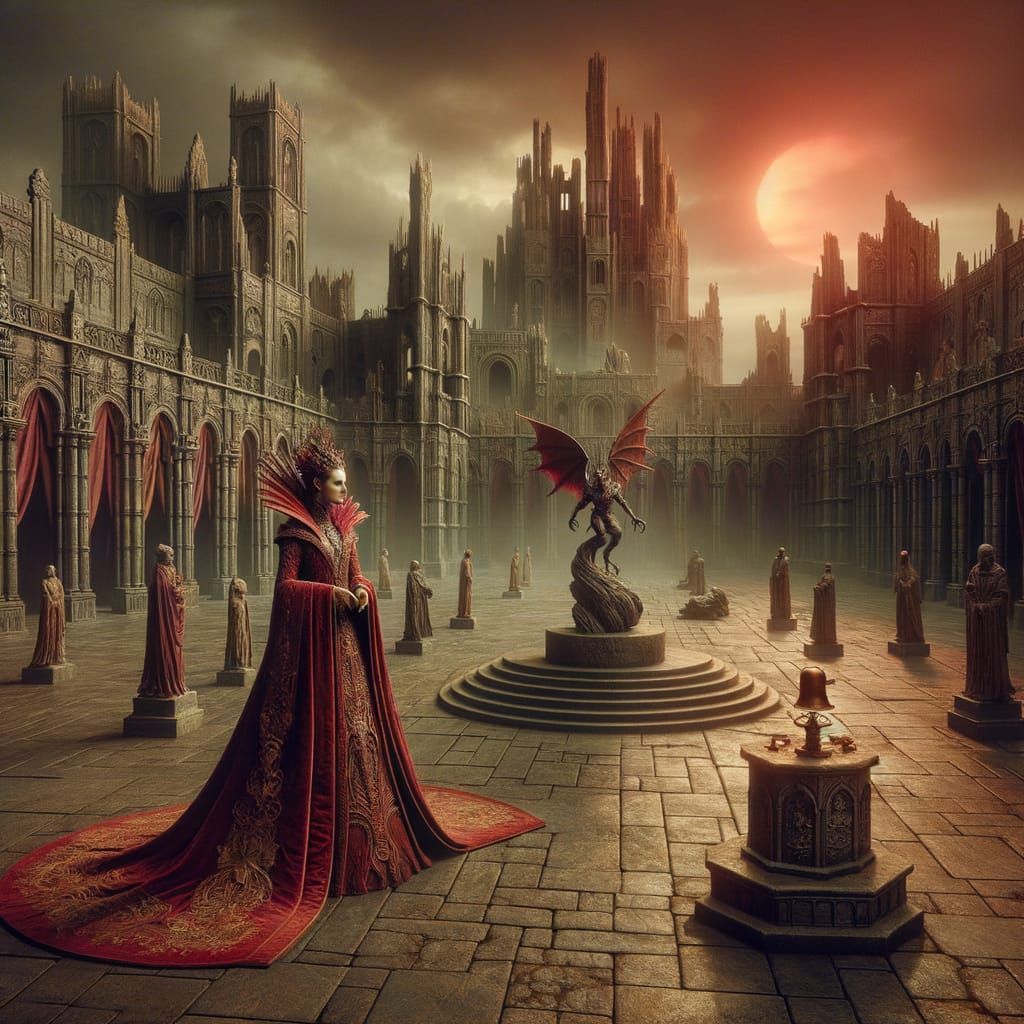 Red Sun Over Palace Ruins with Waxen Monarchs