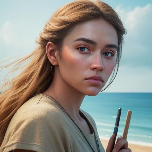 Girl Holding Sandcastle on Beach in Hyperrealism