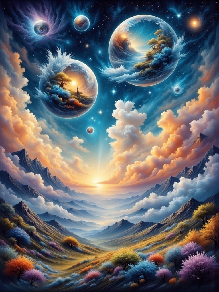 Iridescent Bubbles Drifting Through Surreal Landscape