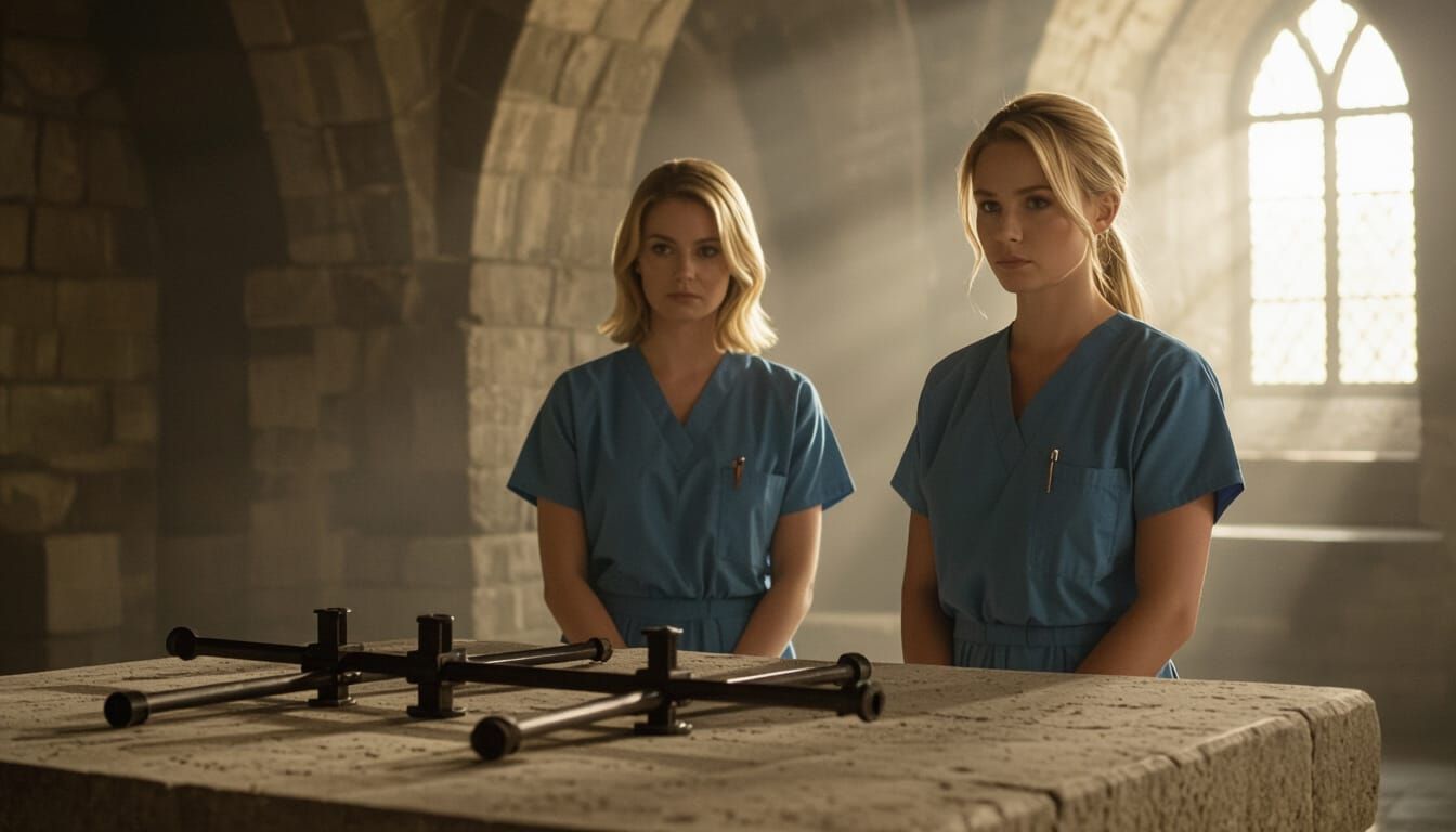 Nurses in Dungeon: Cinematic 35mm Film Aesthetic