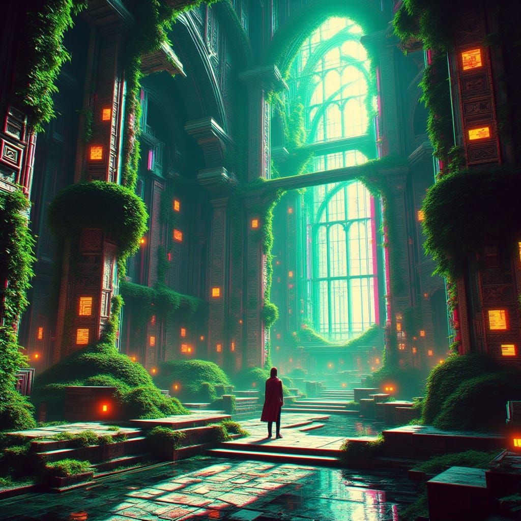 Glitching Prismatic Citadel Interior with Flowering Vines