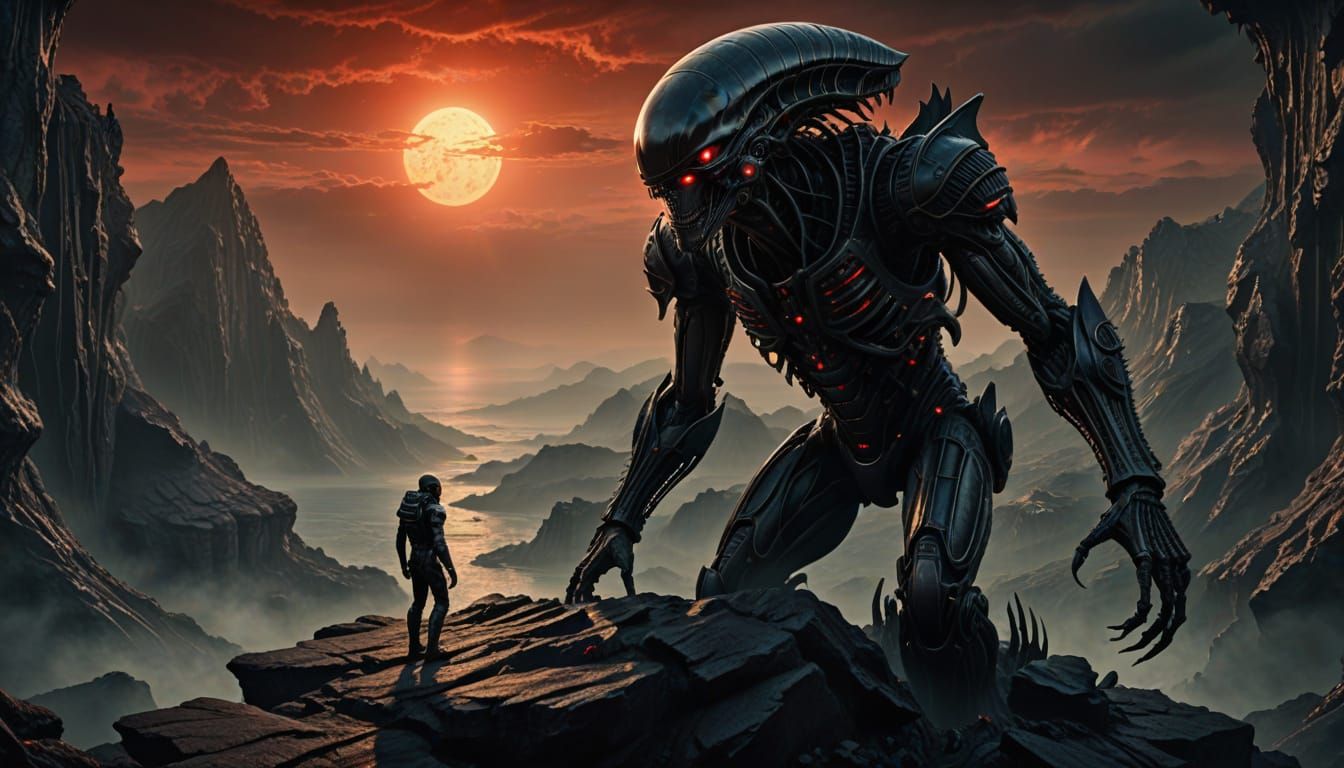 Alien on Cliff in Bio-Mechanical Art Style