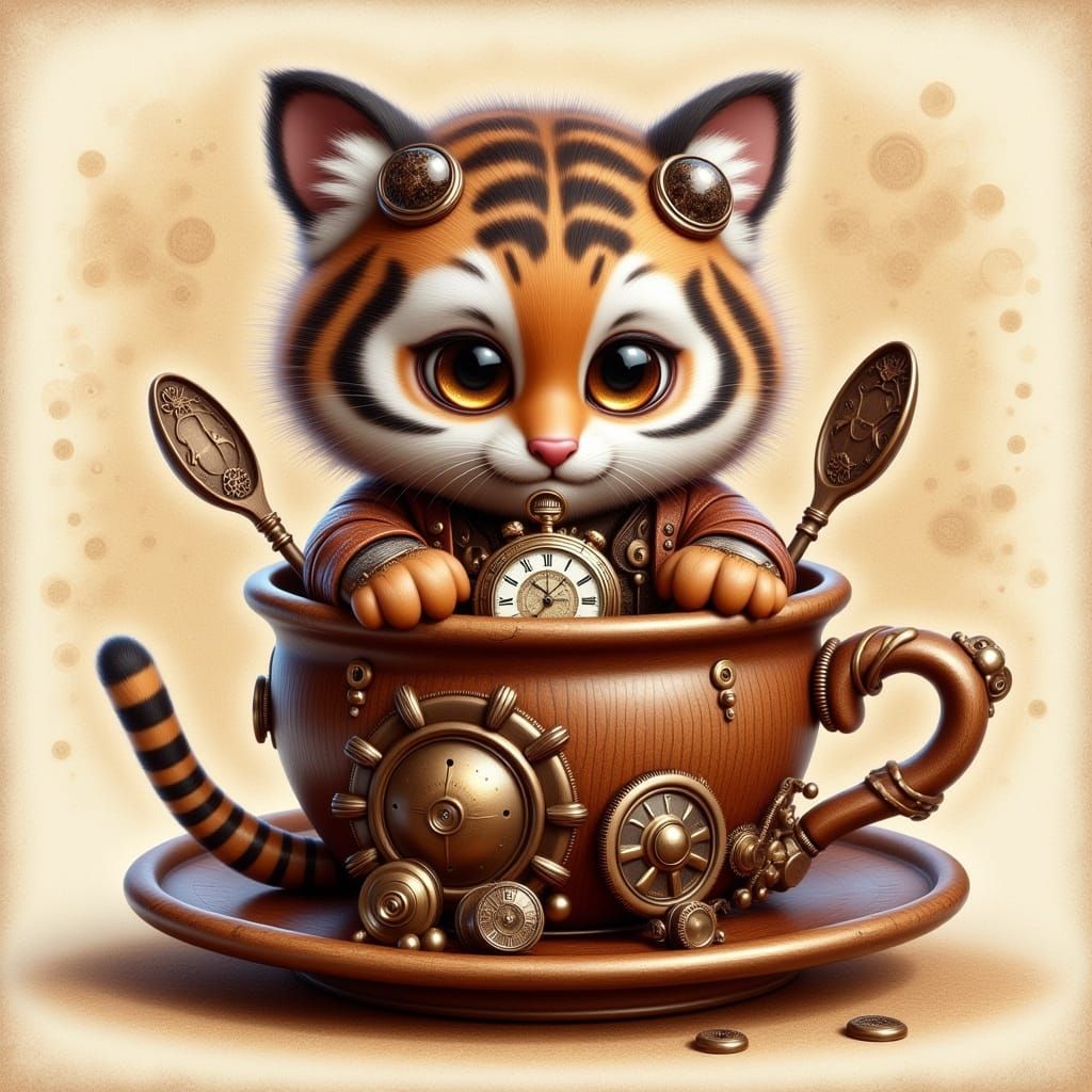 Steampunk Baby Tiger in Whimsical Gearwork Attire