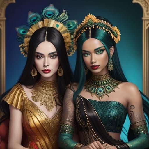 Golden Woman with Peacock Feathers, Digital Art