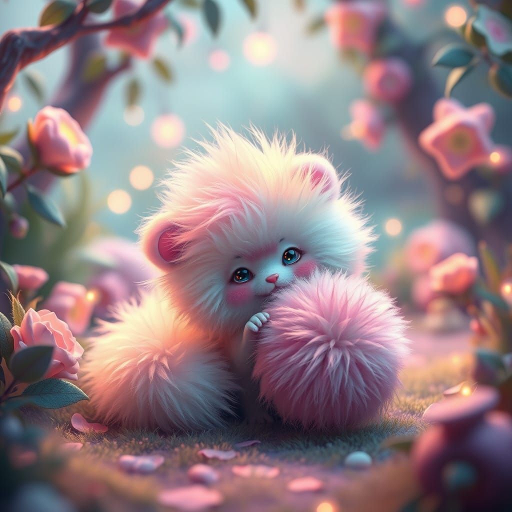 Whimsical Pet Plays with Glowing Pom Pom in Dreamlike Landsc...